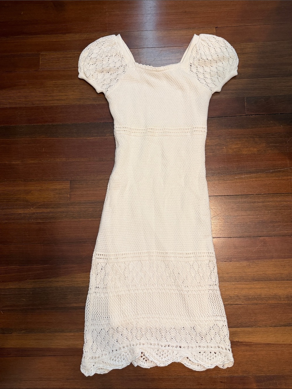 White / Ivory Knit Short-Sleeve Crochet Midi Dress